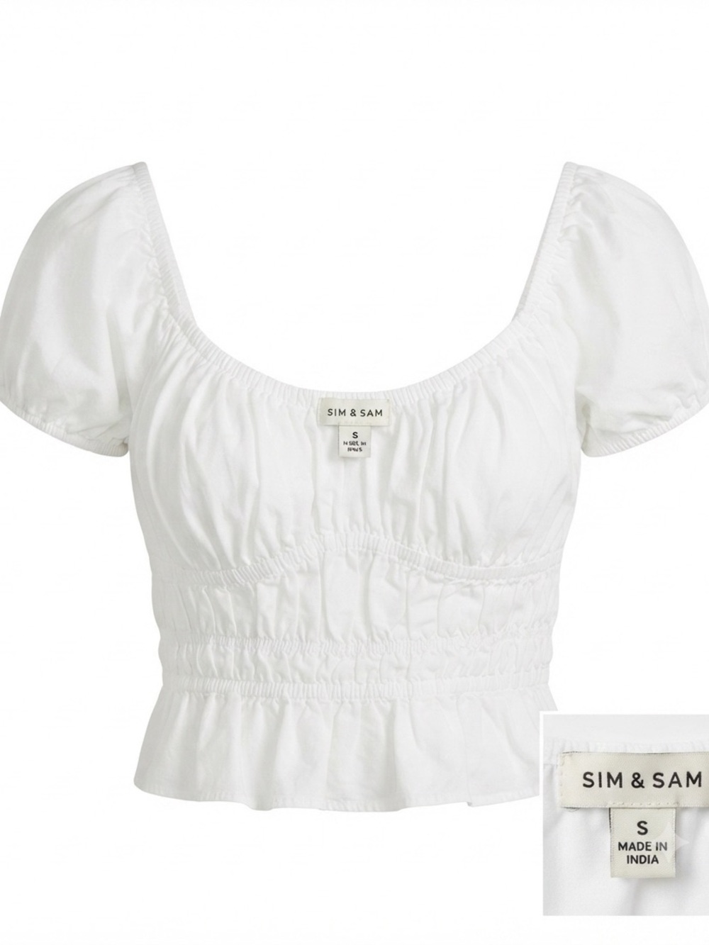 White Puff-Sleeve Smocked Crop Top